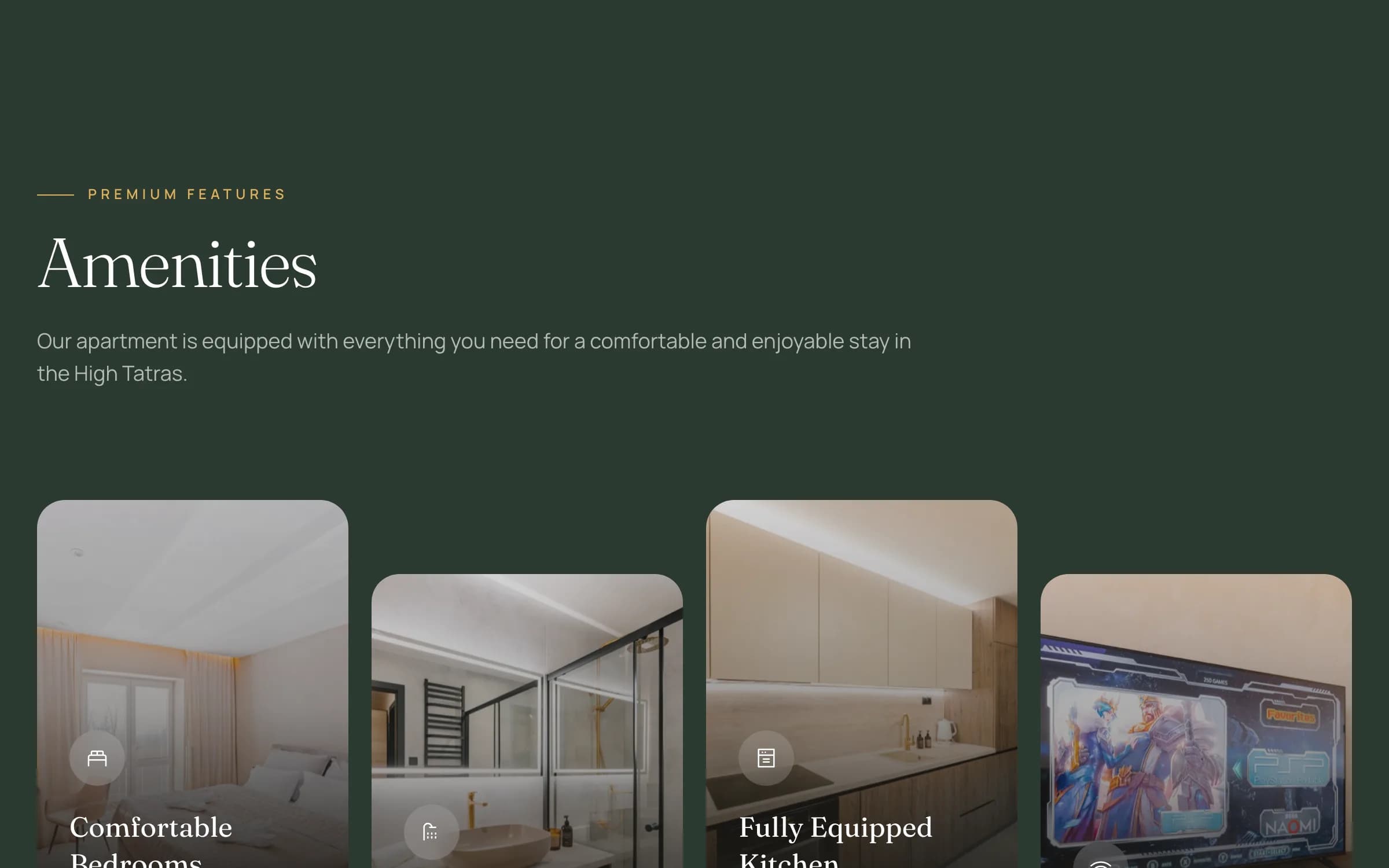 Amenities section with bedroom, bathroom, kitchen and Wi-Fi cards