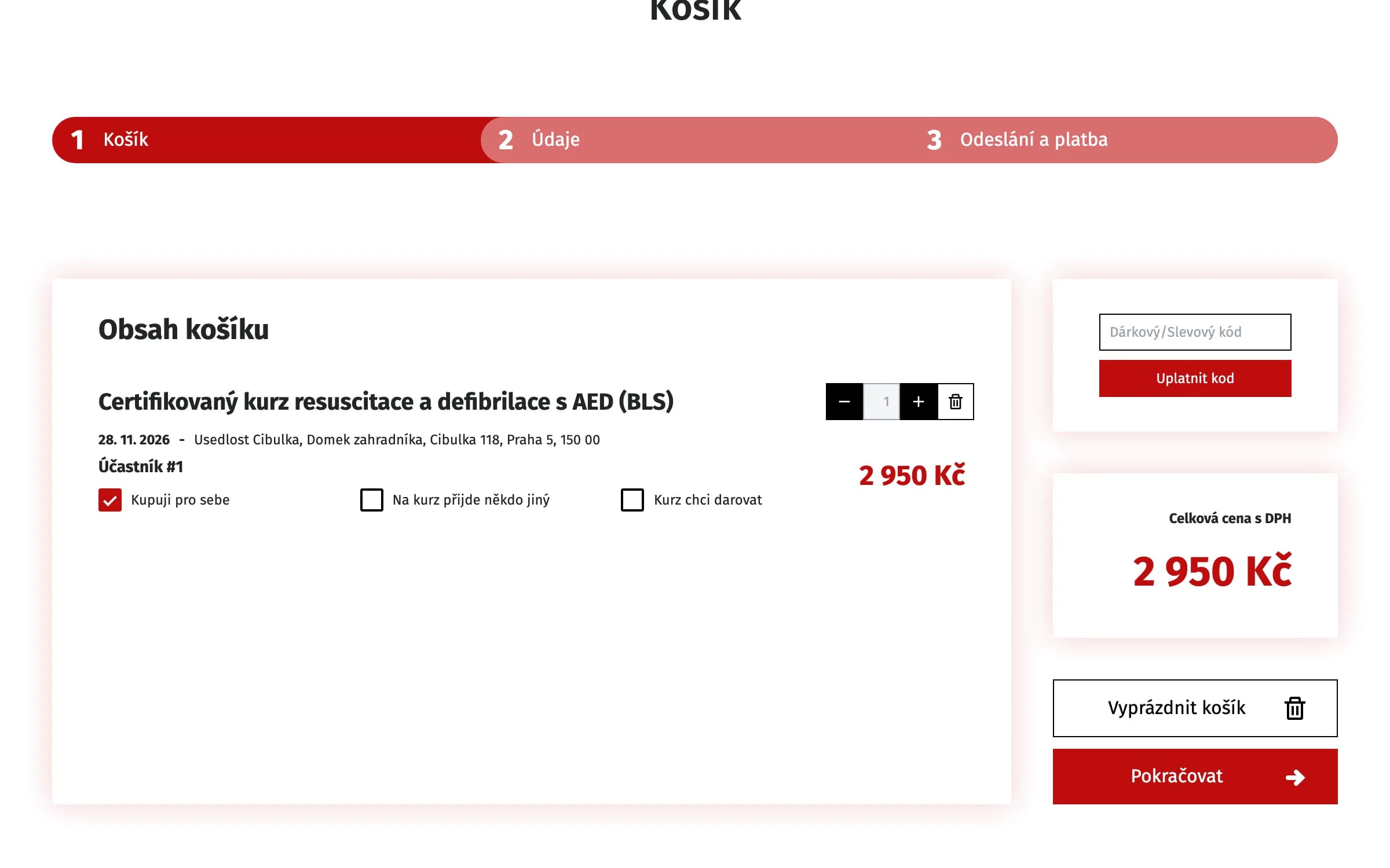 Košík Life Support s kurzom BLS/AED, možnosťami účastníka a poľom na darčekový či zľavový kód