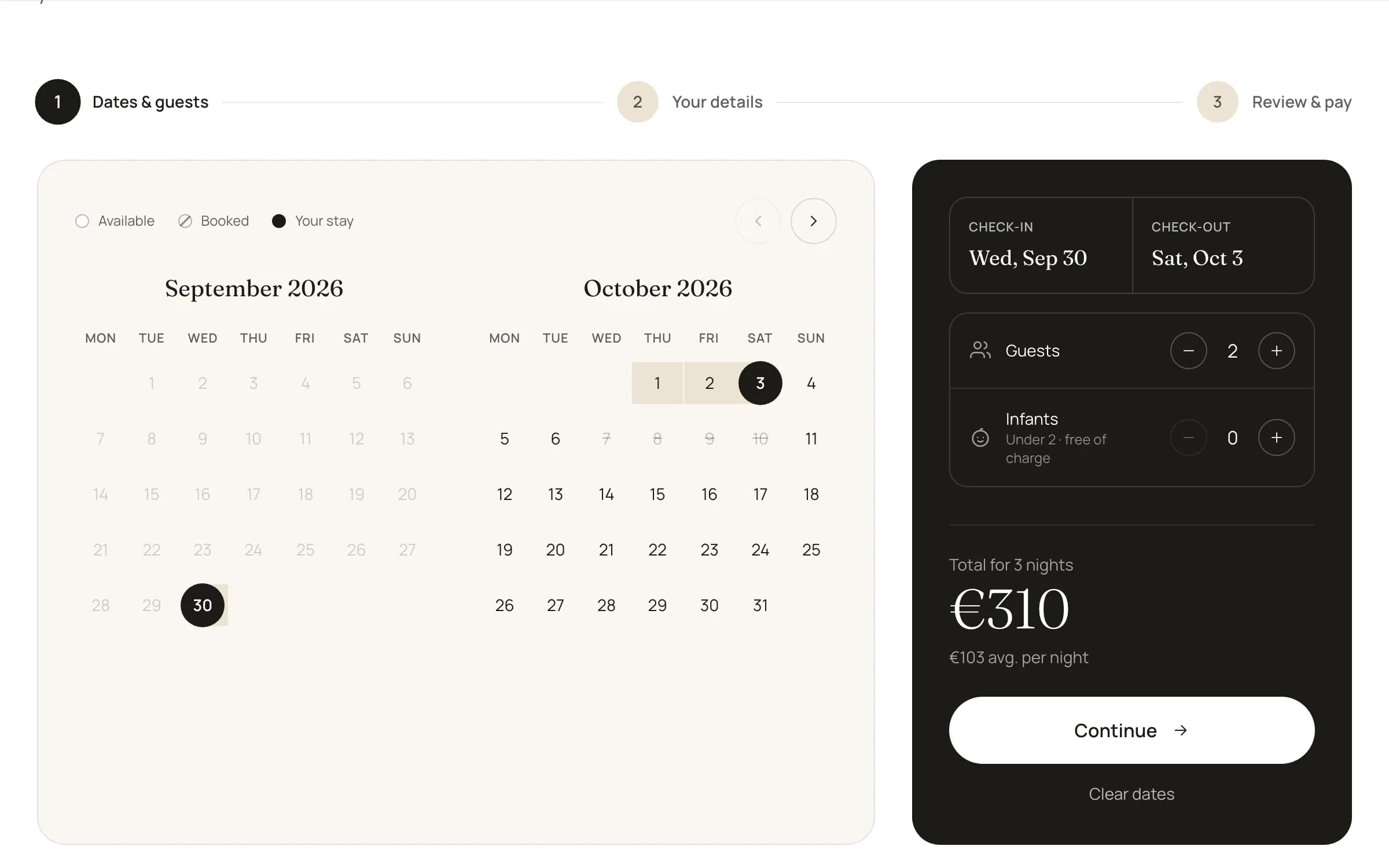 Booking calendar with a selected three-night stay and the total price