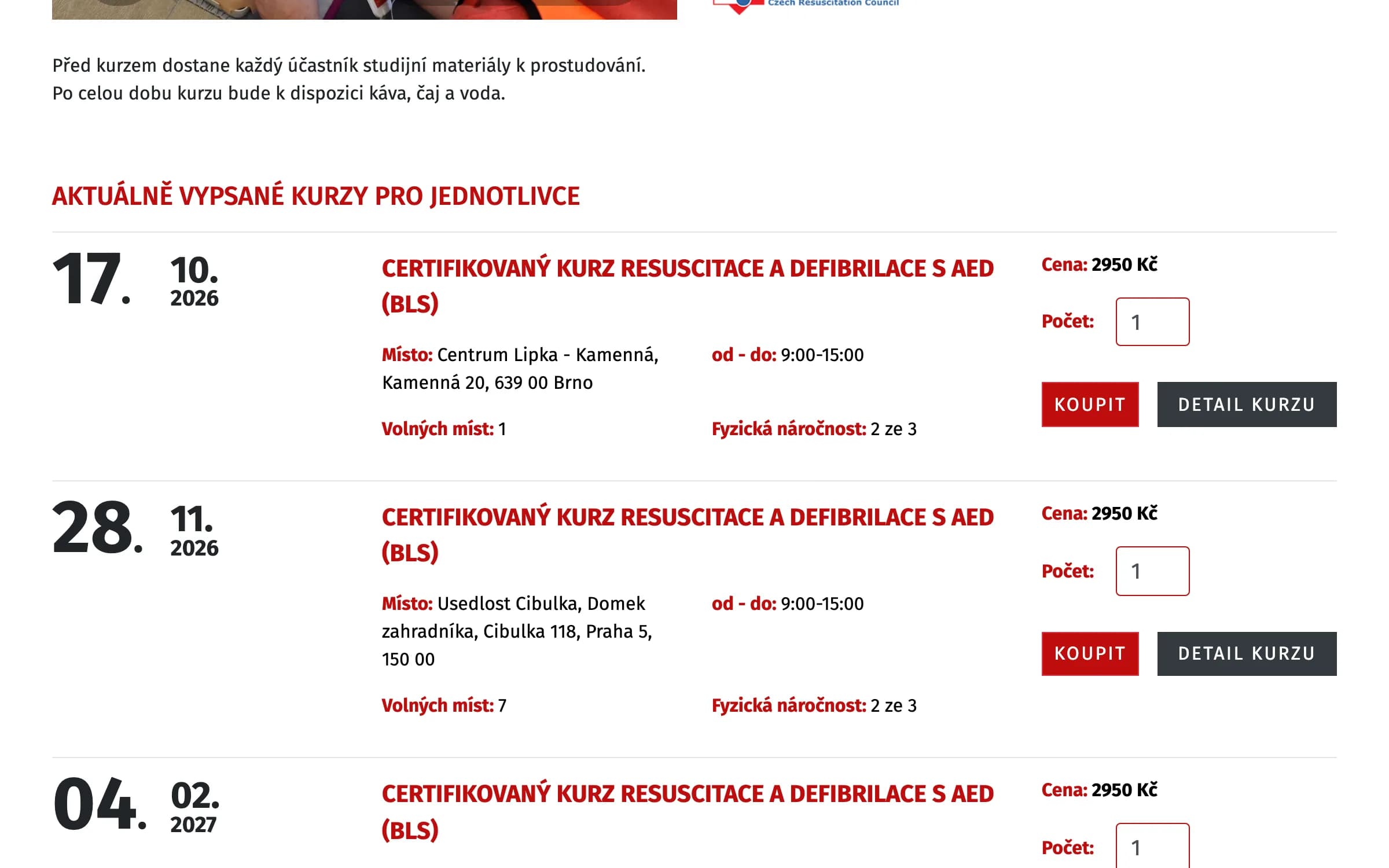 Zoznam vypísaných termínov kurzu s cenou, voľnými miestami a tlačidlom Kúpiť