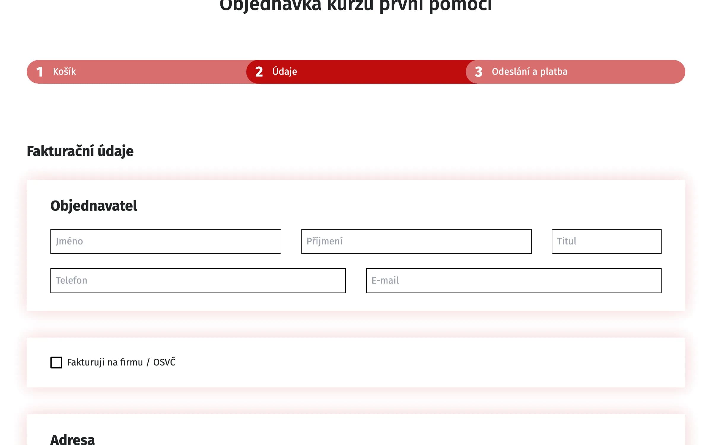 Druhý krok objednávky s fakturačnými údajmi