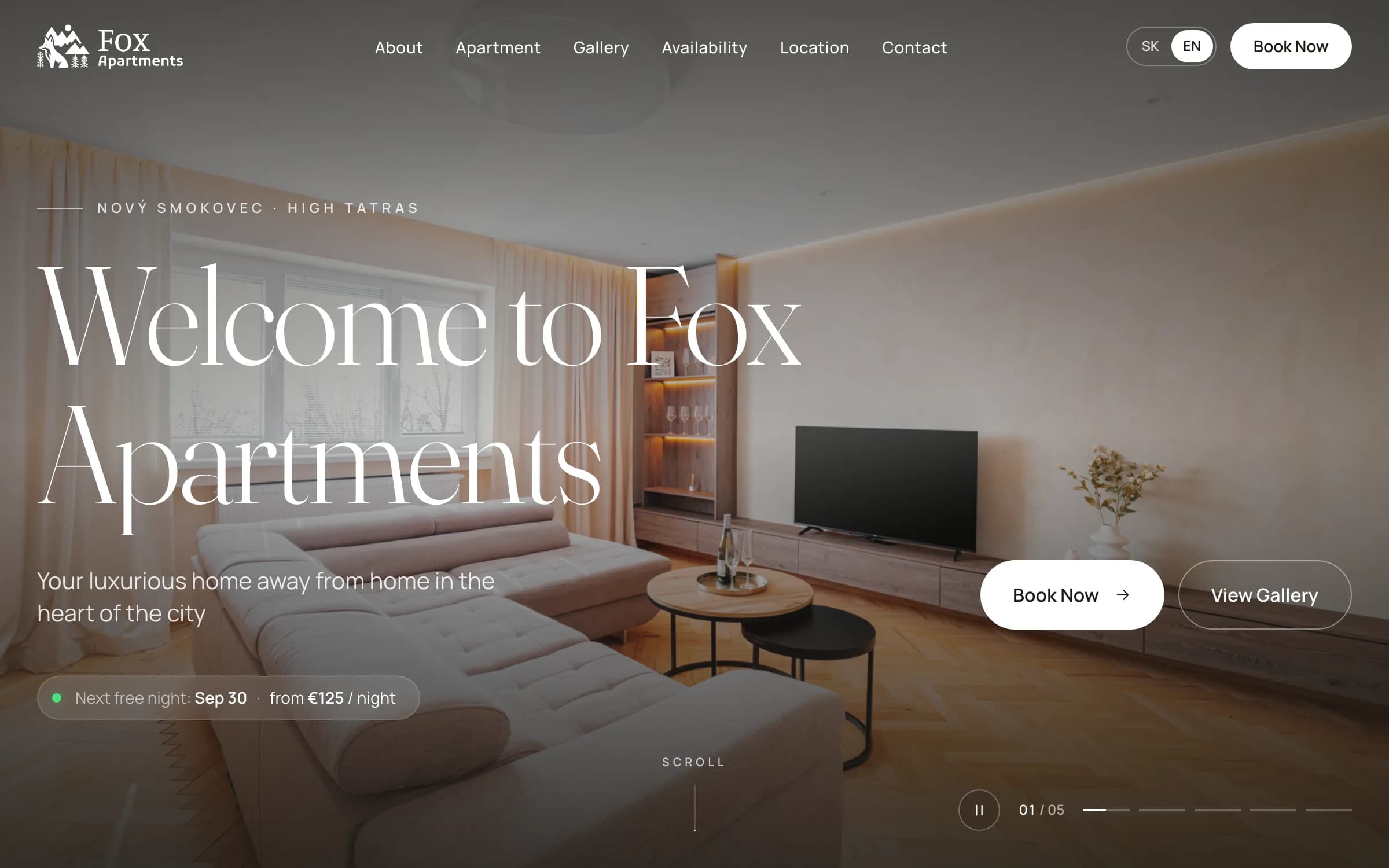 Fox Apartments homepage with the living room, “Book Now” and the next free night