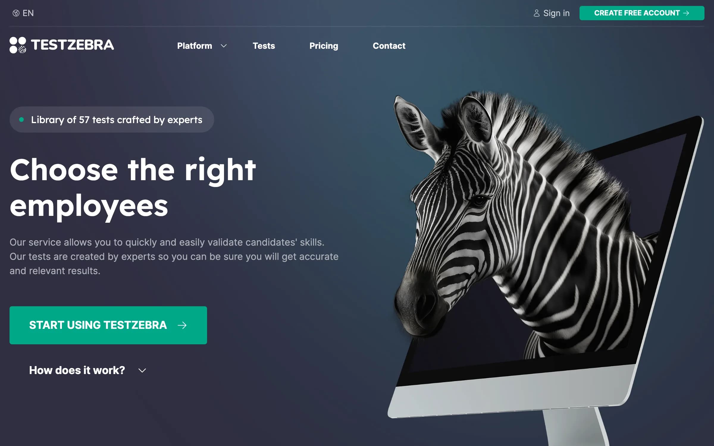 TestZebra homepage: “Choose the right employees” with a library of 57 tests