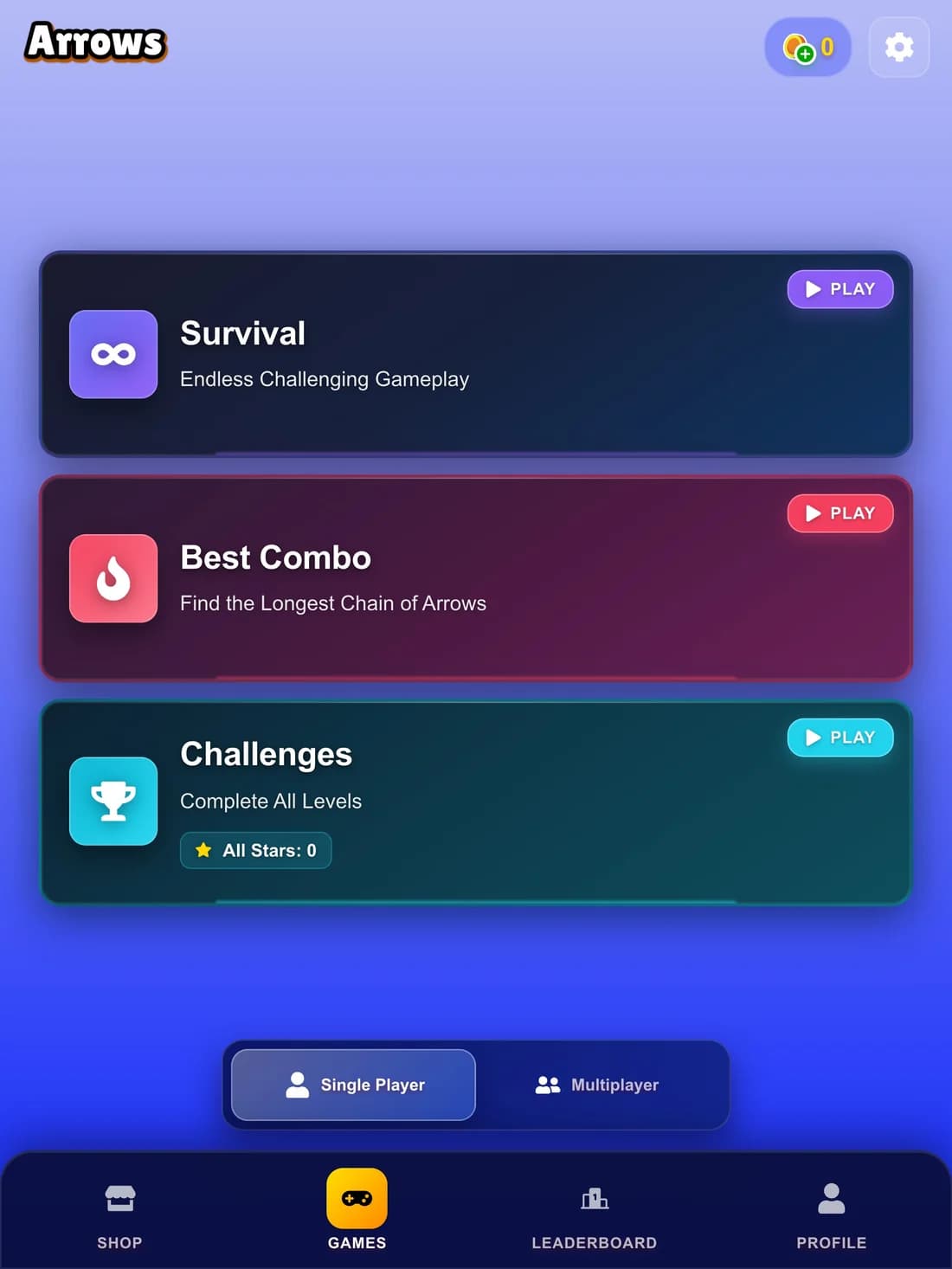 Arrows home screen with Survival, Best Combo and Challenges modes