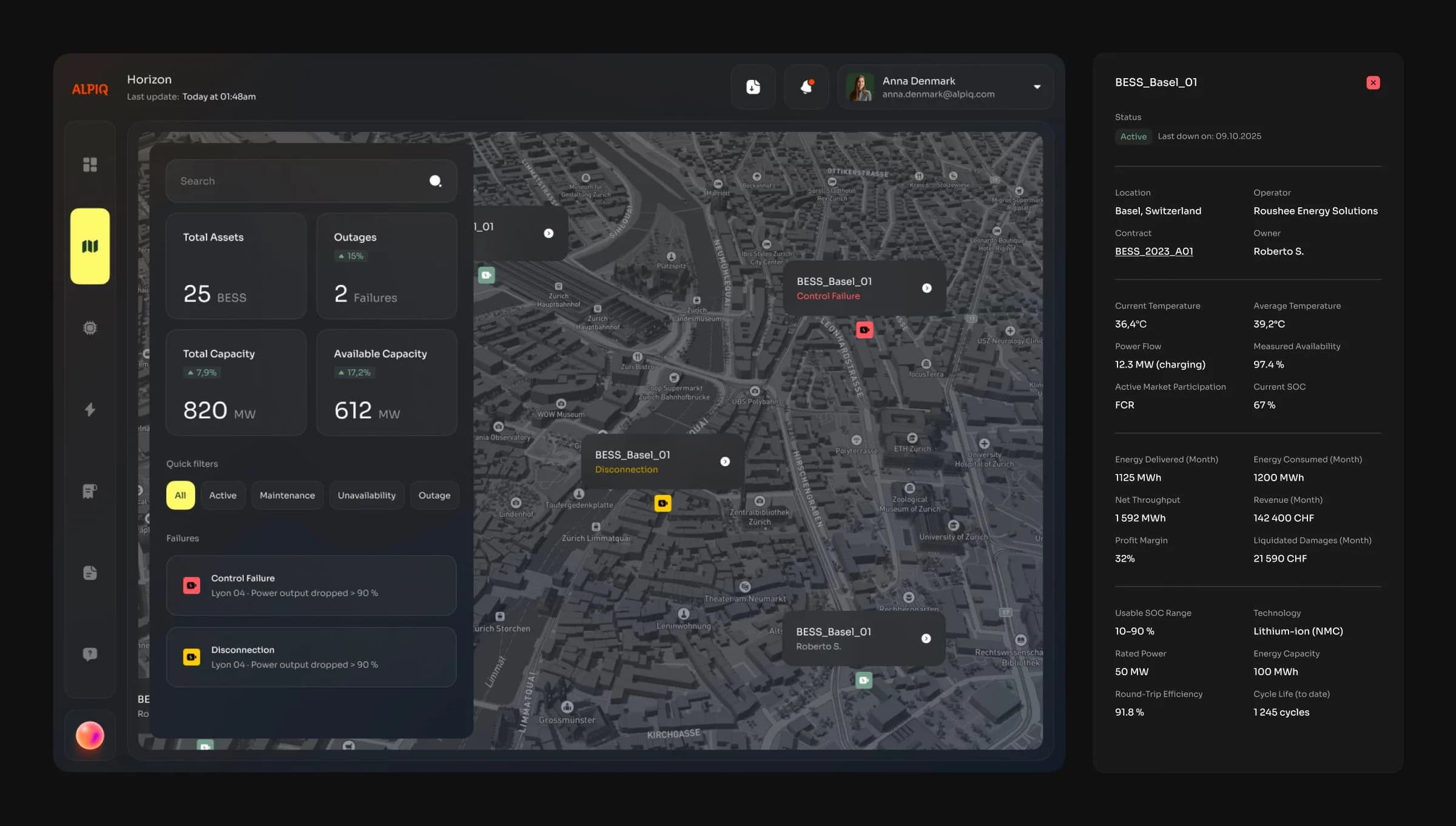 Asset map with outages and the detail panel of a battery in Basel
