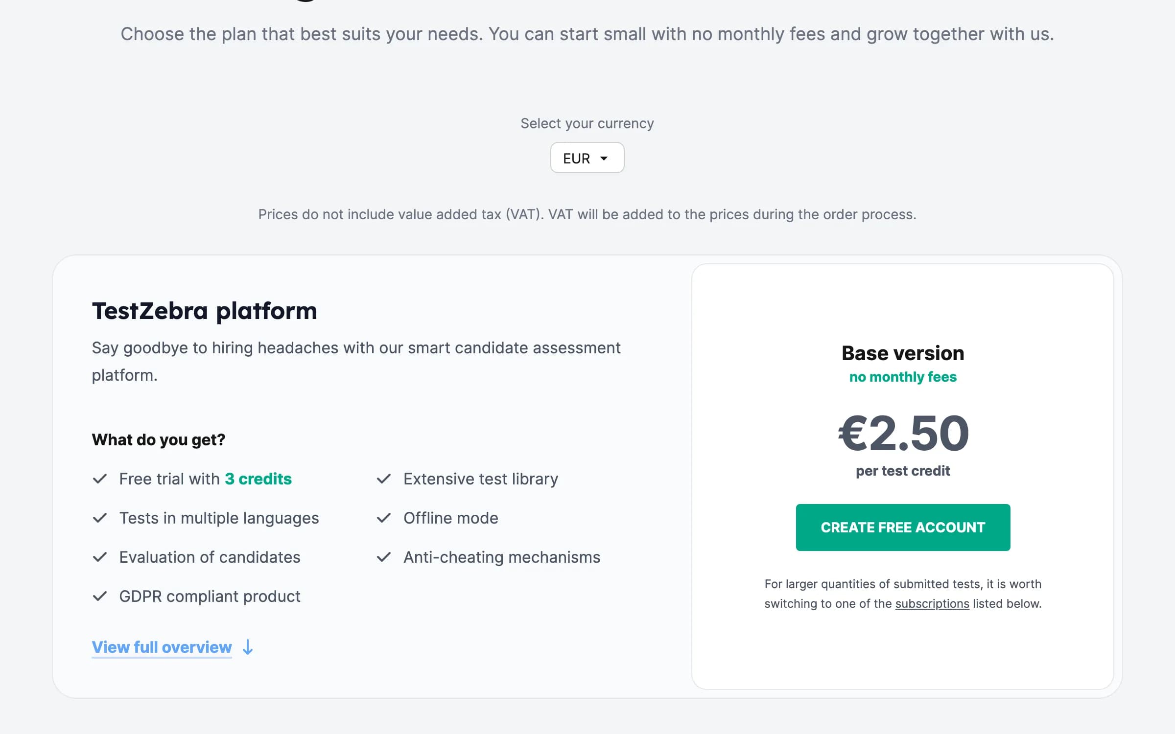 Pricing page with a pay-per-credit base version and its features