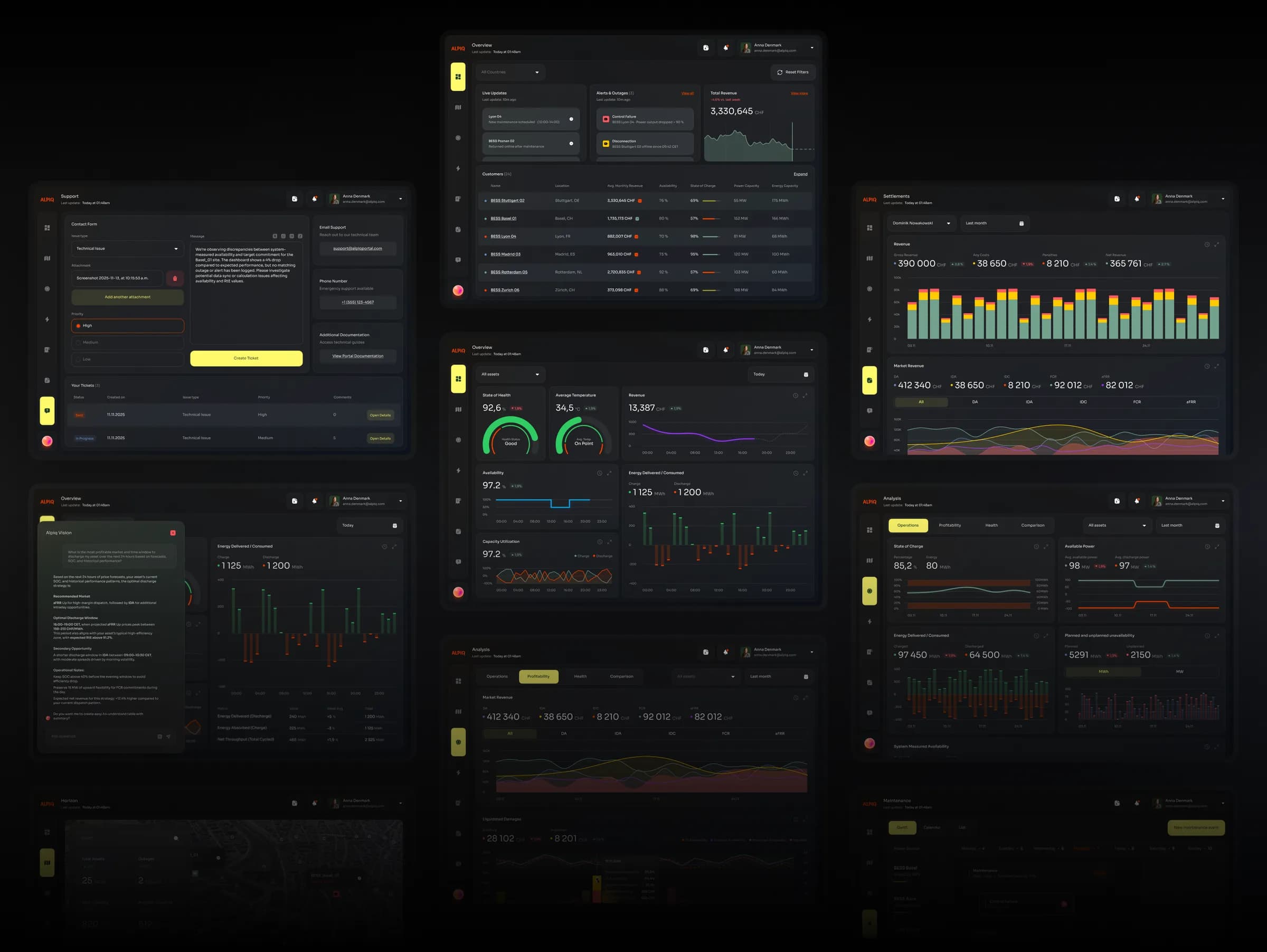 Overview of the portal’s screens: support, settlements, analysis and dashboards
