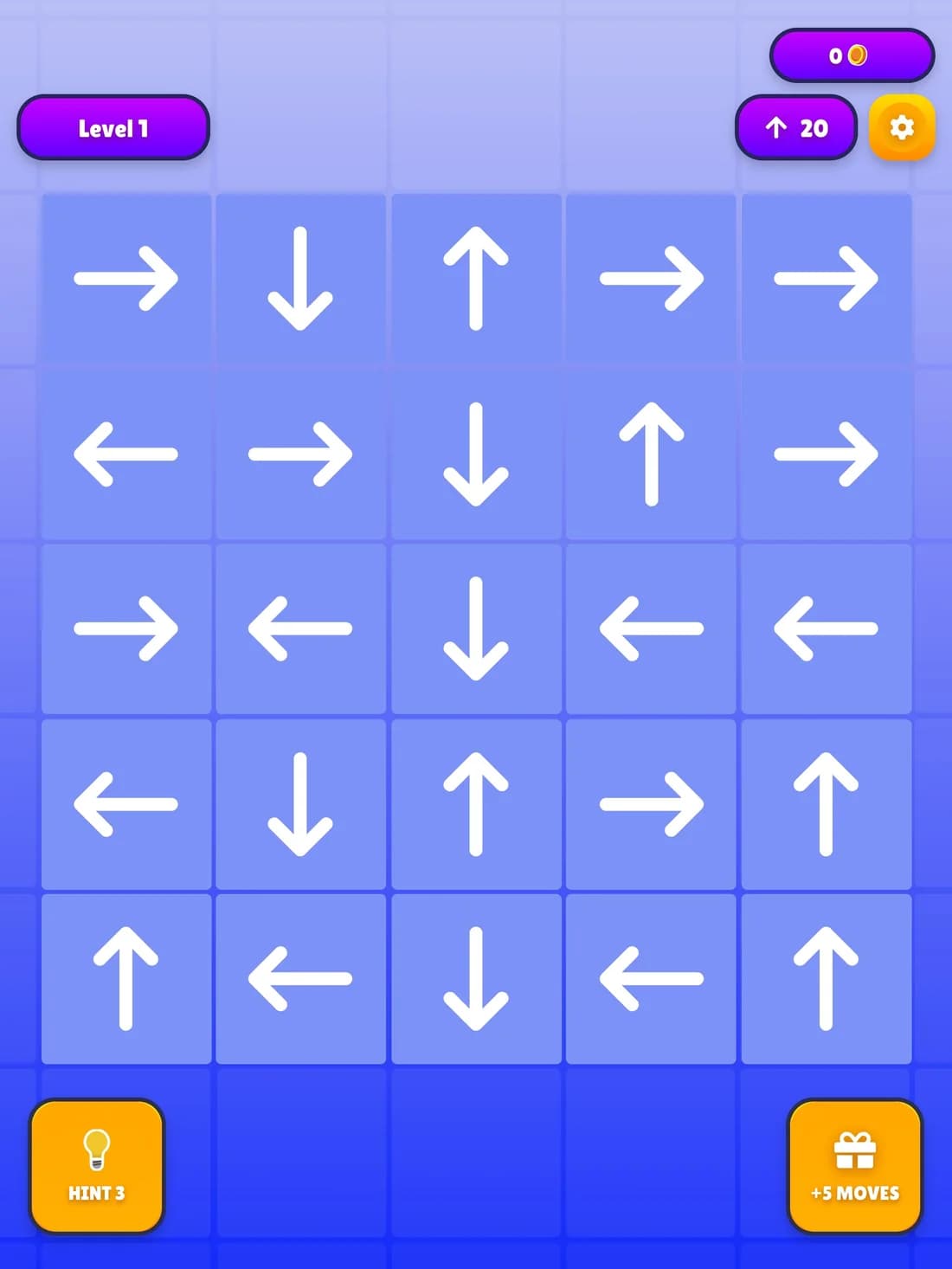 Arrows game board with hint and extra-moves buttons