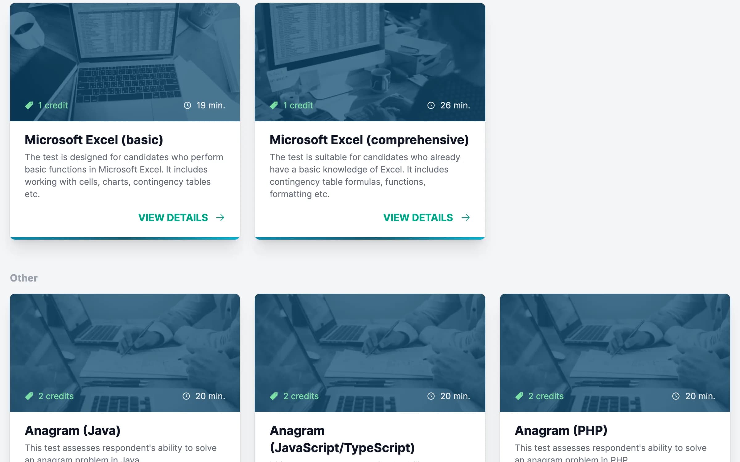 Test library with Excel and programming tests, their credits and time limits